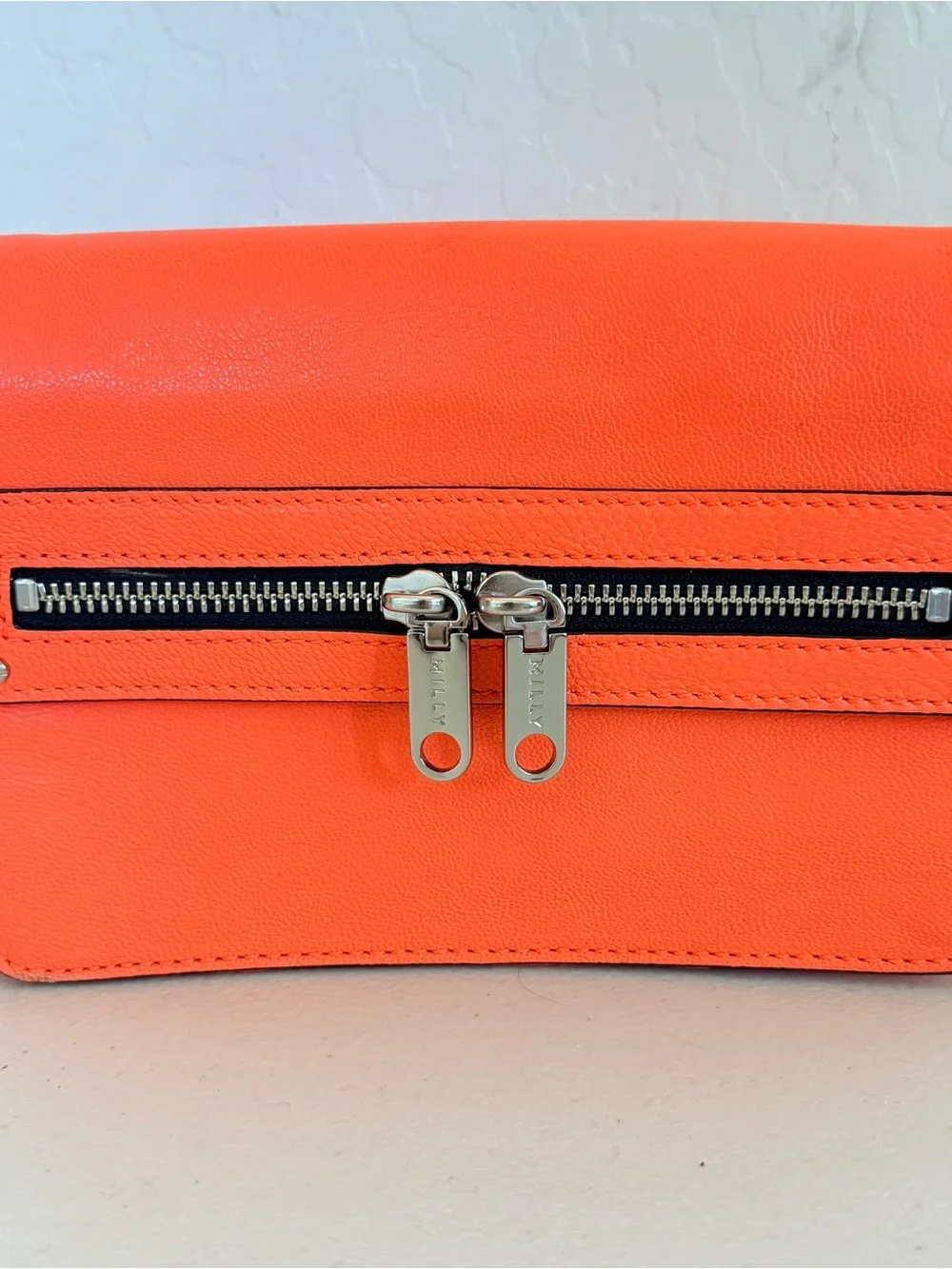 Milly Riley Small Crossbody Bag Clutch in neon coral leather